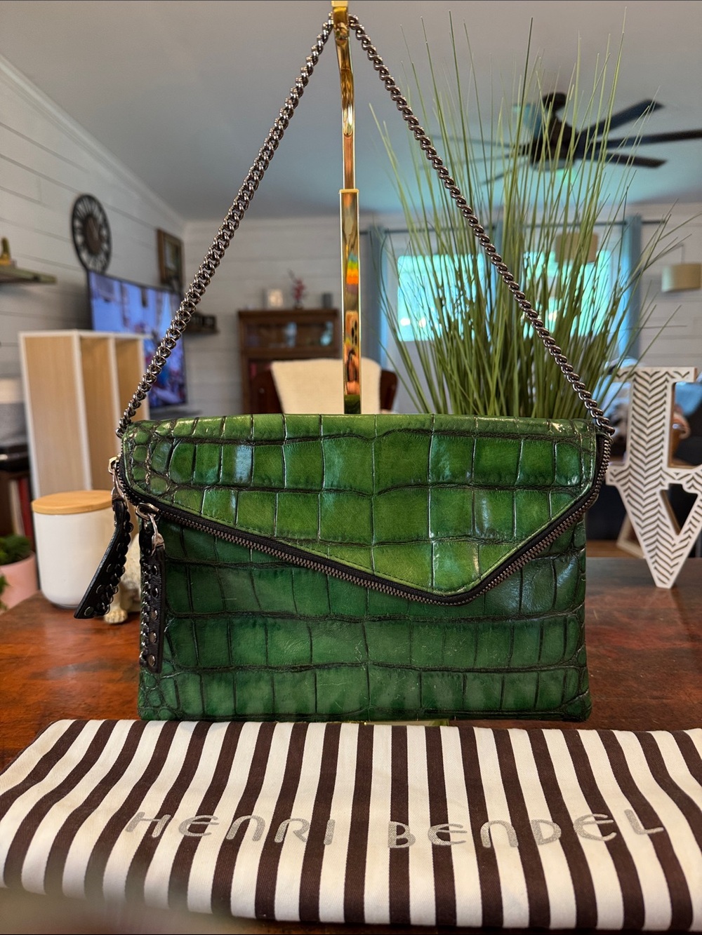henri bendel Green Croc-Embossed Leather Clutch with Chain Strap